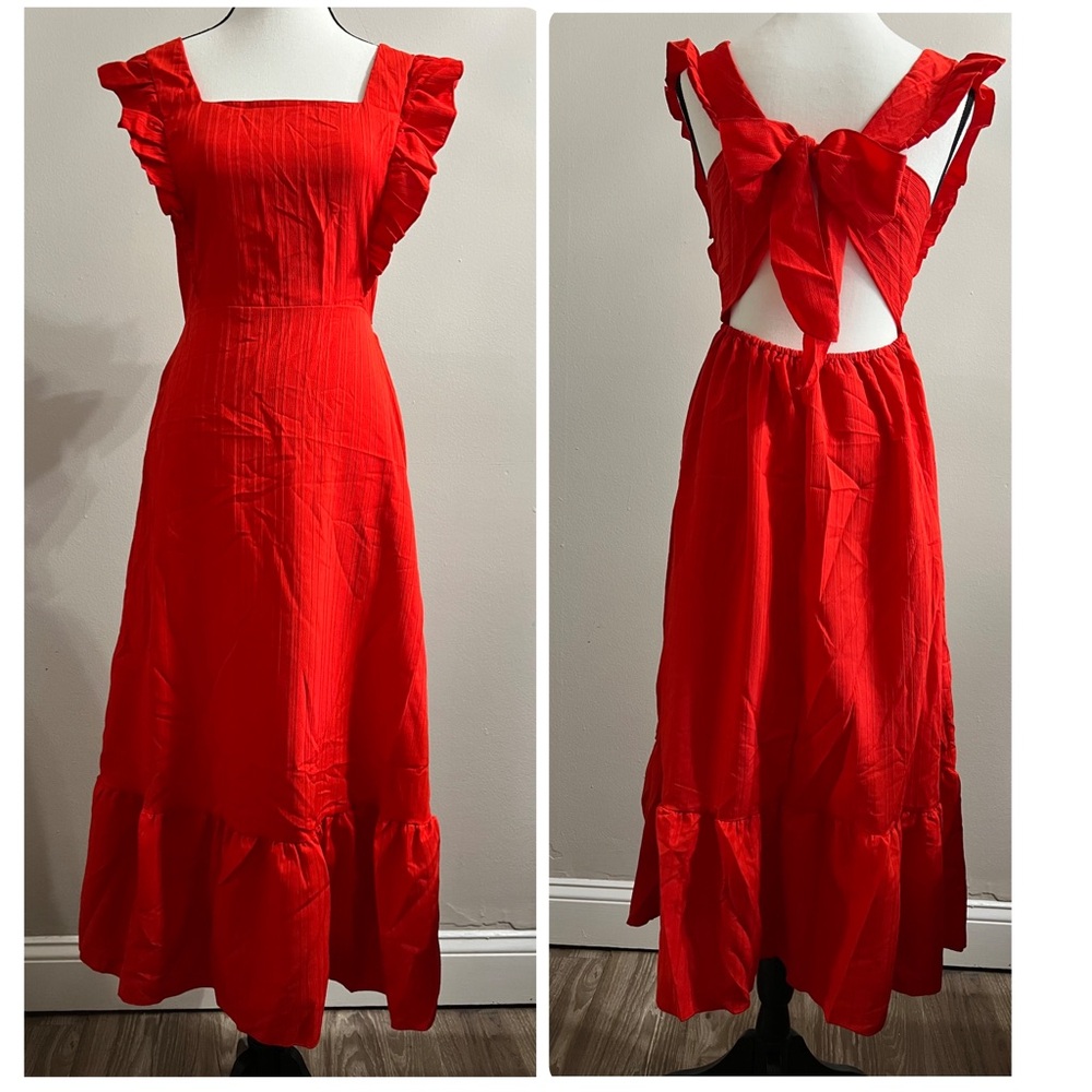 Red Ruffle Square Neck Sleeveless Midi Dress - NWOT - Picture 2 of 6